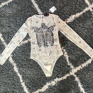 Forever 21 Cream and Black Mesh Bodysuit with Skeletal Design